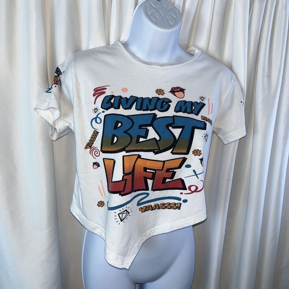 On Fire Womrns Graphic Tee Size M Graffiti Living My Best Life Asymmetrical Y2K